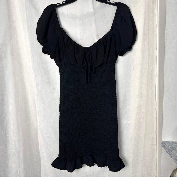Love Stitch Black Dress Smocked Puff Sleeve Babydoll Mini Dress w/ Ruffle Hem - Picture 14 of 16
